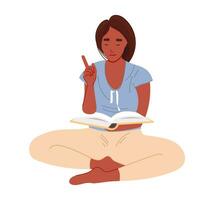 Afro-américain femme séance et en train de lire une livre. vecteur éducation loisir concept.