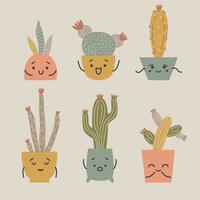 mignonne multicolore ensemble de cactus dans des pots avec visages vecteur illustration