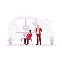 deux Masculin affaires gens sont travail dans de face de une ordinateur portable dans le bureau. employé travail concept. tendance moderne vecteur plat illustration