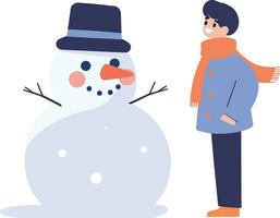 main tiré enfant personnage en jouant avec bonhomme de neige dans hiver dans plat style vecteur