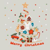 Noël arbre avec traditionnel articles. salutation carte ou affiche dans plat minimaliste style. graphique composition avec texte joyeux Noël. main tiré hiver vacances éléments. vecteur