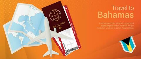 Voyage à le Bahamas pop-under bannière. voyage bannière avec passeport, des billets, avion, embarquement passer, carte et drapeau de le bahamas. vecteur