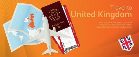 Voyage à uni Royaume pop-under bannière. voyage bannière avec passeport, des billets, avion, embarquement passer, carte et drapeau de uni Royaume. vecteur