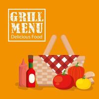 menu grill avec panier en osier et légumes vecteur