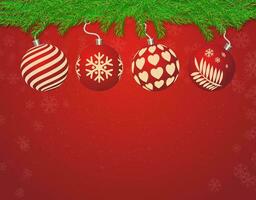 rouge Noël carte avec flocons de neige et Noël Balle vacances décorations. joyeux Noël et content Nouveau année vecteur illustration.