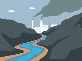 rivière l'eau et air la pollution de industrie. sale toxique fumée les émissions de plante cheminées vecteur