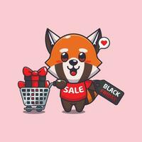 mignonne rouge Panda avec achats Chariot et remise coupon noir Vendredi vente dessin animé vecteur illustration