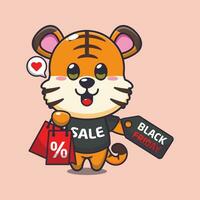 mignonne tigre avec achats sac et noir Vendredi vente remise dessin animé vecteur illustration