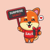 mignonne shiba inu avec promotion signe et cadeau boîte dans noir Vendredi vente dessin animé vecteur illustration