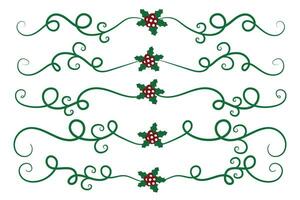 Noël s'épanouit tourbillonne séparateurs lignes décoratif éléments, ancien calligraphie faire défiler joyeux Noël texte diviseur filigrane élégant, hiver houx en-têtes fantaisie séparateur vert page décor vecteur