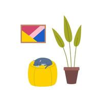 dessin animé Couleur plante d'appartement mis en pot, pouf avec une chat et image ensemble concept. vecteur