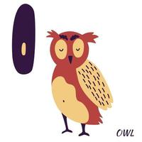 alphabet animal hibou. lettre d'apprentissage o. vecteur