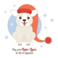 mignonne Noël chien dans Père Noël chapeau avec le sien langue pendaison dehors. marrant Nouveau année cadeau animal de compagnie sur blanc Contexte avec flocons de neige dans dessin animé style. vecteur illustration.