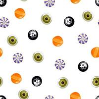 Halloween bonbons sans couture modèle - assortiment de coloré Halloween des sucreries, sucette, avec le image de une crâne et un œil. pour impression conception, tissu, textile, fond d'écran, emballage papier. vecteur