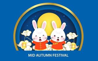 bannière du festival de la mi-automne avec des lapins mignons en papier découpé. vecteur