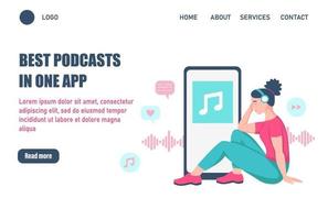 meilleurs podcasts dans un modèle vectoriel de page de destination d'application.