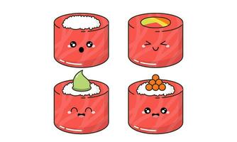 main tiré divers mignonne kawaii Sushi, Rouleaux, sashimi personnage Japonais nourriture illustration vecteur