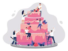 mariage gâteau. boulangers décorer rose mariage gâteau, gens cuisine ensemble et sucré dessert avec baies vecteur illustration