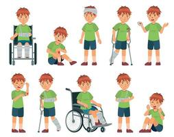 enfant avec blessure. garçon meurtri main, cassé jambe et bras. blessures diriger, sport blessures et fauteuil roulant vecteur dessin animé illustration ensemble