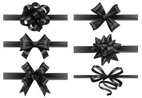 réaliste noir rubans avec arcs. foncé de fête emballage arc, vacances cadeau ruban décoration 3d réaliste illustration vecteur ensemble