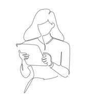 continu ligne dessin de une femme en train de lire une livre. vecteur illustration