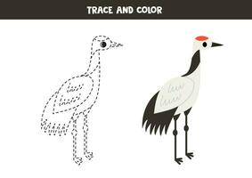 trace et Couleur dessin animé Japonais grue. feuille de travail pour les enfants. vecteur