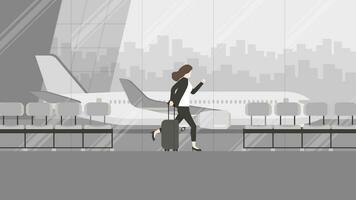 affaires voyage, une femme d'affaires court à une vol à un international aéroport Terminal vecteur