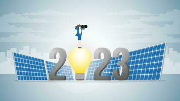 vision femme d'affaires les usages jumelles sur 2023 lumière ampoule alimenté par solaire cellules. vecteur