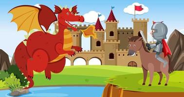 les chevaliers se battent avec le dragon au château vecteur