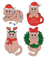 ensemble de dessin animé Noël et Nouveau année chat personnages. mignonne chatons dans tasse, guirlande, cerf ramure Bandeau, couronne. vecteur plat illustration.