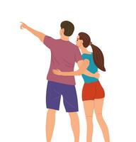 une Jeune couple points une doigt dans le distance. vecteur illustration sur blanc Contexte