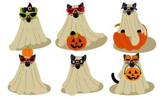 une ensemble de chats dans une feuille et des lunettes pour Halloween isolé sur une blanc Contexte. mignonne noir chat dans différent des lunettes avec différent éléments. marrant costume. plat vecteur illustration sur une blanc