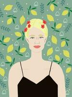 vecteur portrait de le magnifique blond femme dans noir robe sur vert Contexte avec citrons. blond femme affiche