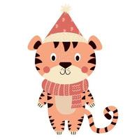 tigre mignon dans un chapeau et une écharpe rouges d'hiver. mascotte de 2022 vecteur