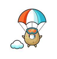 le dessin animé de mascotte de pomme de terre saute en parachute avec un geste heureux vecteur