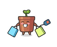dessin animé de mascotte de pot de plante tenant un sac à provisions vecteur