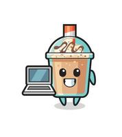 illustration de mascotte de milkshake avec un ordinateur portable vecteur