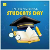 international élèves jour, l'obtention du diplôme casquette, ouvert livre, crayon et lunettes. 3d vecteurs adapté pour éducation et événements vecteur