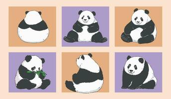mignonne dessin animé pandas séance et en mangeant bambou feuilles vecteur
