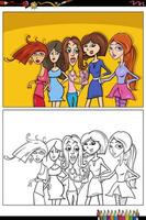 dessin animé femmes et les filles personnages groupe coloration page vecteur