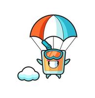 Le dessin animé de mascotte de jus d'orange saute en parachute avec un geste heureux vecteur