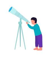petit garçon, observation des étoiles avec télescope, caractère vectoriel de couleur semi-plat