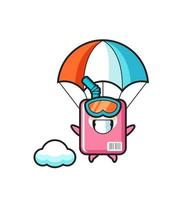 La bande dessinée de mascotte de boîte de lait saute en parachute avec un geste heureux vecteur