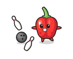 Caricature de caractère de poivron rouge joue au bowling vecteur