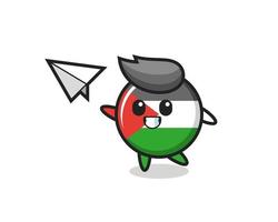 personnage de dessin animé d'insigne de drapeau de la palestine jetant un avion en papier vecteur