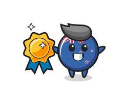illustration de mascotte d'insigne de drapeau de la nouvelle-zélande tenant un insigne d'or vecteur