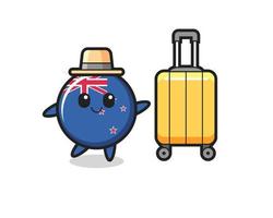 illustration de dessin animé d'insigne de drapeau de la nouvelle-zélande avec des bagages en vacances vecteur