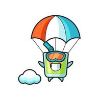 La bande dessinée de mascotte de jus de melon saute en parachute avec un geste heureux vecteur