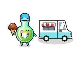 caricature de mascotte de béchers de laboratoire avec camion de crème glacée vecteur