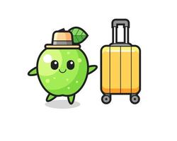 illustration de dessin animé pomme verte avec des bagages en vacances vecteur